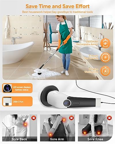CLLIS-Electric-Spin-Scrubber-Shower-Scrubber-for-Cleaning-3-Speeds-Shower-Cleaning-Brush-with-Long-Handle-8-Replaceable-Brush-Heads-Adjustable-Extension-Handle-Electric-Scrubber-for-BathroomTub
