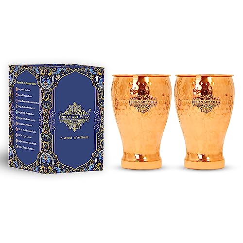INDIAN ART VILLA Copper Glass Tumbler, Hammered Design, Drinkware, 430 ML, Pack of 1