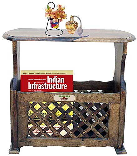 Image of Sheesham Wood Side Table with Magzine Holder for Living Room | Brown