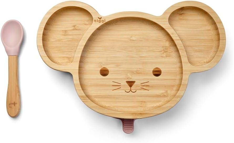 Bamboo Baby Plate - Complete Weaning Set, Strong Suction, BPA-Free, Bamboo Plates, Ideal Baby Plate for Easy Feeding and Clean-Up (Mouse, Dusky Pink)
