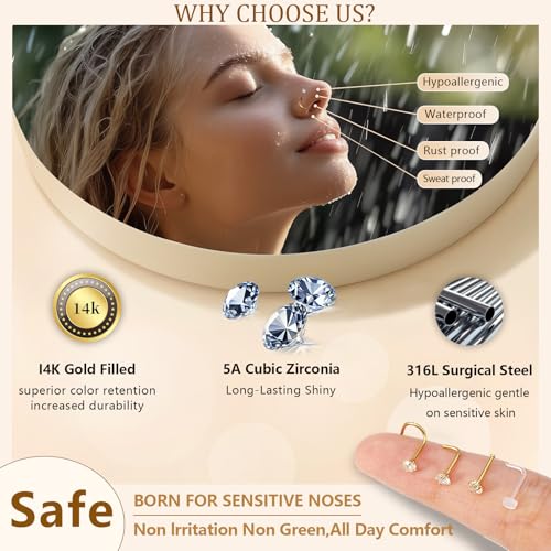 Hypoallergenic 14K Gold Plated Nose Rings Studs Set for Women Men:316L Stainless Steel Clicker Nose Rings,Dainty CZ L Shaped/Corkscrew/Straight/Clear Nose Studs,Nostril Piercing Jewelry 15PCS2