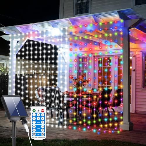 Solar Curtain Lights 10x10Ft 300LED Twinkle Fairy String Lights Multicolor Cool White Dual Color Changing Dimmable Waterproof Remote Timer Memory for Christmas Wedding Pergola Patio Outside