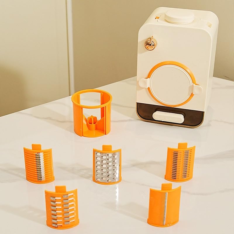 Multifunctional Electric Vegetable Slicer & Shredder for Kitchen, 5 in 1 Electric Vegetable Chopper with 5 Different Shapes of Blades, storage tray, for Cheese, Fruit, Vegetables (Beige)