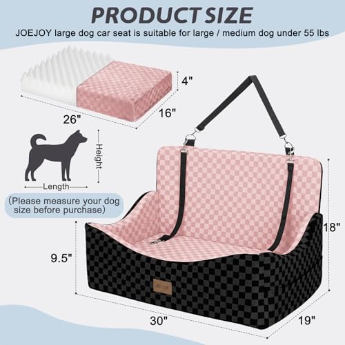 Image of JOEJOY Dog Car Seat for Medium /Large Dogs - Reversible Dual-Sided Travel Dog Car Bed with Memory Foam, Washable Pet Booster Seat for Dogs up to 55 lbs or 2 Small Dogs, 2 Safety Leashes, Pink