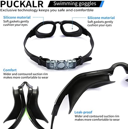 PUKCLAR Swimming Goggles Adults Men Attached Swimming Caps, Comfortable Swim Goggles No Leaking Anti-fog UV Protection for Women men Give Away Swimming Caps Storage Case Nose Clip and Earplugs