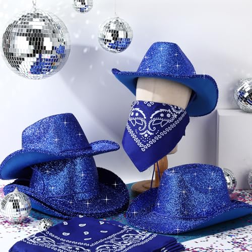 Image of Coume 12 Pcs Sparkly Adults Cowboy Hat and Bandanas Women Men Western Glitter Cowgirl Party Hats with Adjustable Drawstring