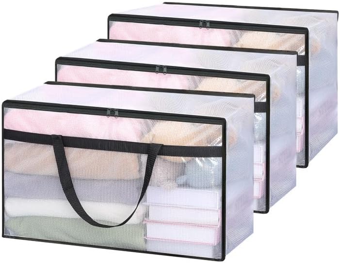 Vieshful Paquete de 3 bolsas de almacenamiento de ropa transparentes de 60 L con cremallera y asas, organizadores grandes de plástico para edredón,