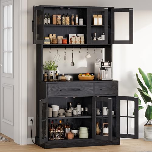 GOOBED 71" Pantry Cabinet with Power Outlet, Tall Kitchen Pantry Storage Cabinets with Microwave Stand, Farmhouse Kitchen Hutch with Drawers, Hook, Door and Shelves for Home Living Dining Room, Black