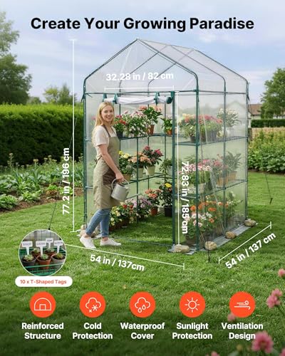 Image of VEVOR Walk-in Greenhouse, 54 inch x 54 inch x 77.2 inch Greenhouse for Outdoors with PVC Cover, 2 Tiers 10 Shelves, Roll-Up Zipper Door, Walk in Green House, Portable Plant Garden Hot House for Backyard Outside