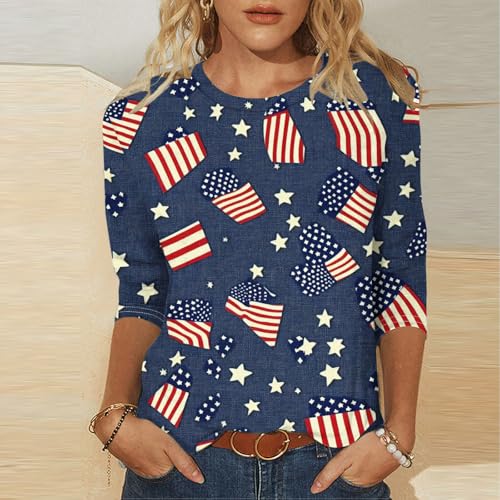 Image of Fourth of July Shirts for Women 3 /4 Sleeve Summer Tops American Flag Print T Shirt Patriotic 4th of July Shirts 2025