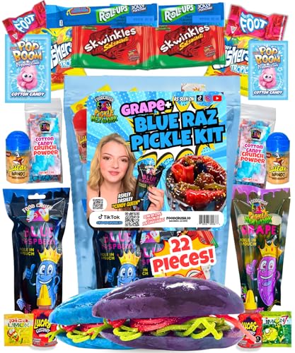 Ashley Dashleys-Blue Raspberry + Grape Pickle Kit -Gift Pouch-1 Blue Raz + 1 Grape Pickles w-Skwinkles, Crunch Powder, Fruit Roll Ups-Tiktok Trend Items by Food Crush