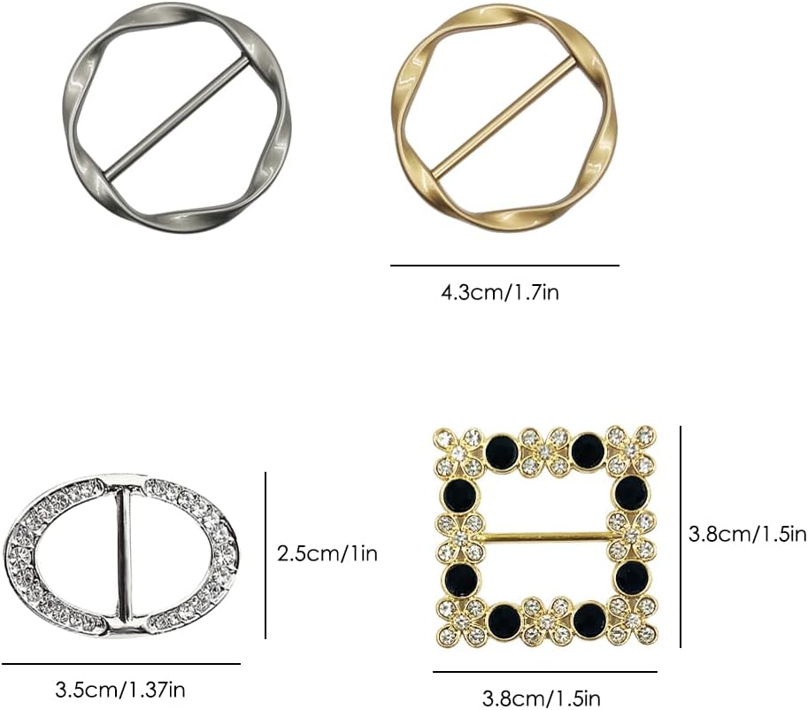 DLAND 8 Pack Scarf Buckles for Women, Spiral Round & Diamond-Decorated Shirt Belt Clasps, Adjustable Metal Buckles for Scarves, T-Shirts, Belts (6 Round +1 Square +1 Oval, Alloy, No Fade) image 3