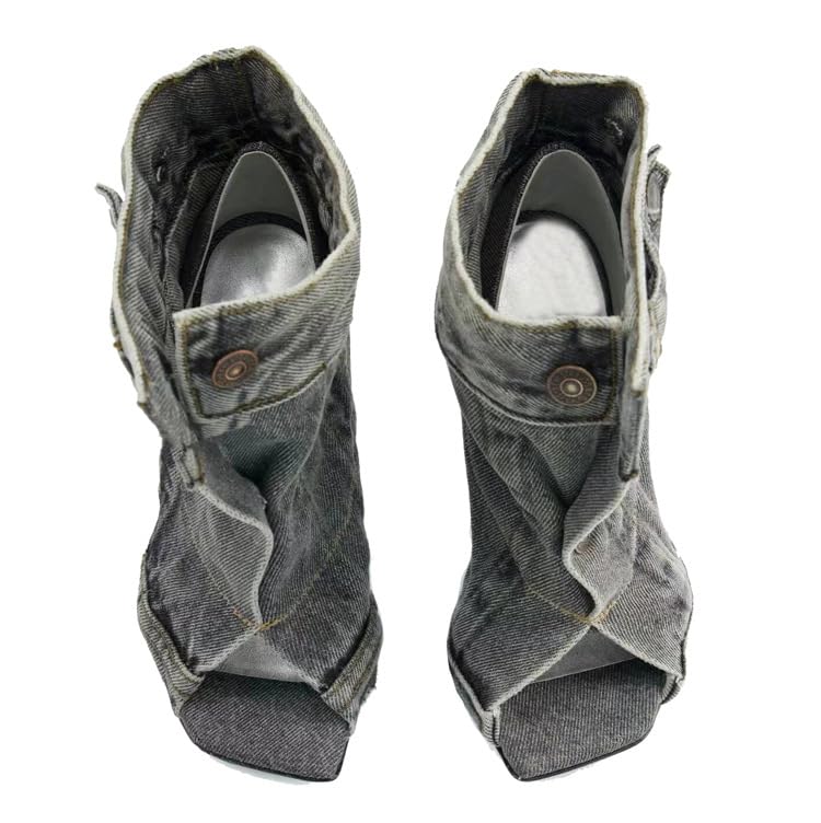 VERISSON Women's Square Toe Canvas Ankle Boots Studded Buttons Stiletto Ankle-cuff Denim Boots2