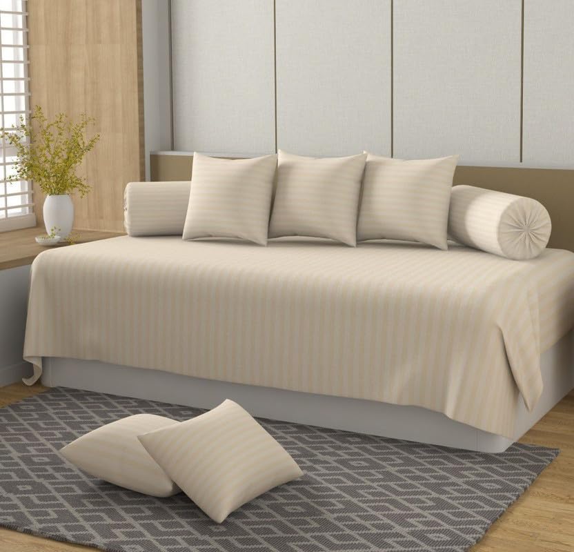KIAAKSH 230 TC Satin Stripe Diwan Set for Living Room, Guest Room Glace Cotton, Set of 8 Pieces (Size (60x90) Inch 1 Single Bedsheet, 5 Cushion Covers, 2 Bolster Covers) Stripe-KB Beige-image-17