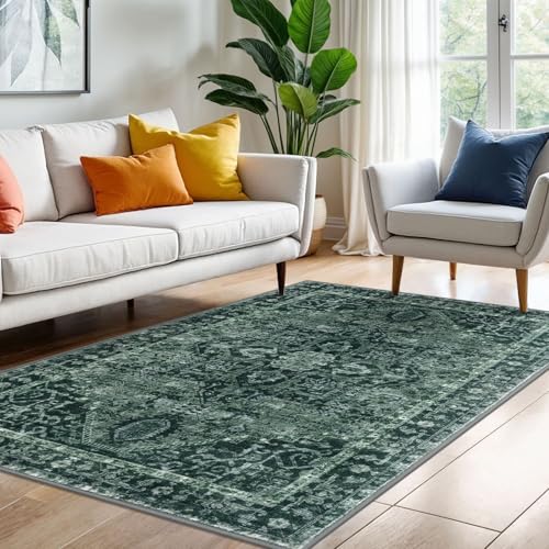 KOZYFLY Area Rug 4x6 Ft Washable Rugs for Entryway Non Slip Faux Wool Printed Throw Rug for Kitchen Bedroom Hallway Living Room Indoor Floor Decoration, Dark Green