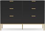 Anmytek Black Dresser for Bedroom, Modern 6 Drawer Dresser, Chest of Drawers Closet Organizers and Wood Storage Clothes, White Dresser with Golden Handles for Living Room, Hallway