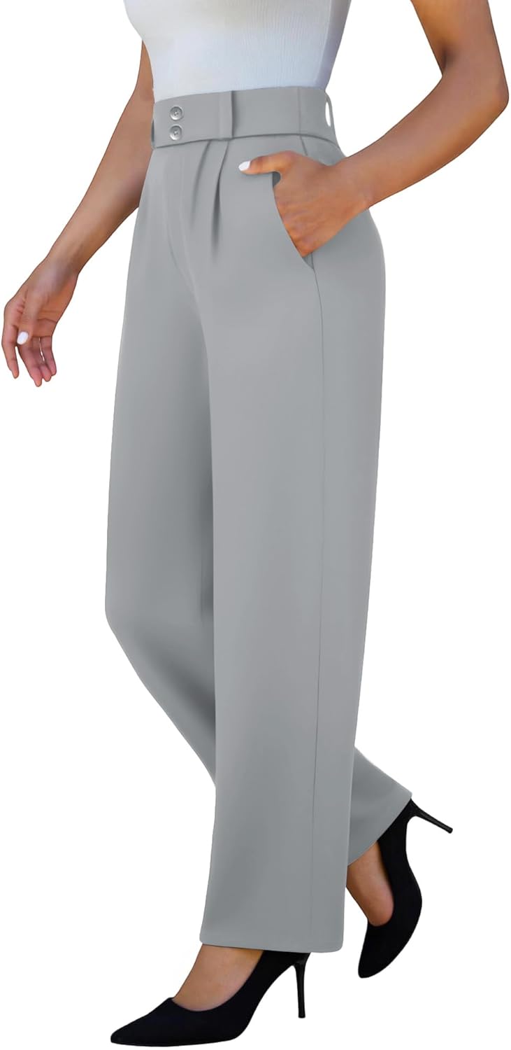 keriffe Womens Stretchy Dress Pants 2 Pockets High Waist Pull On Office Slacks Casual Business Work Wide Leg Pants Trousers