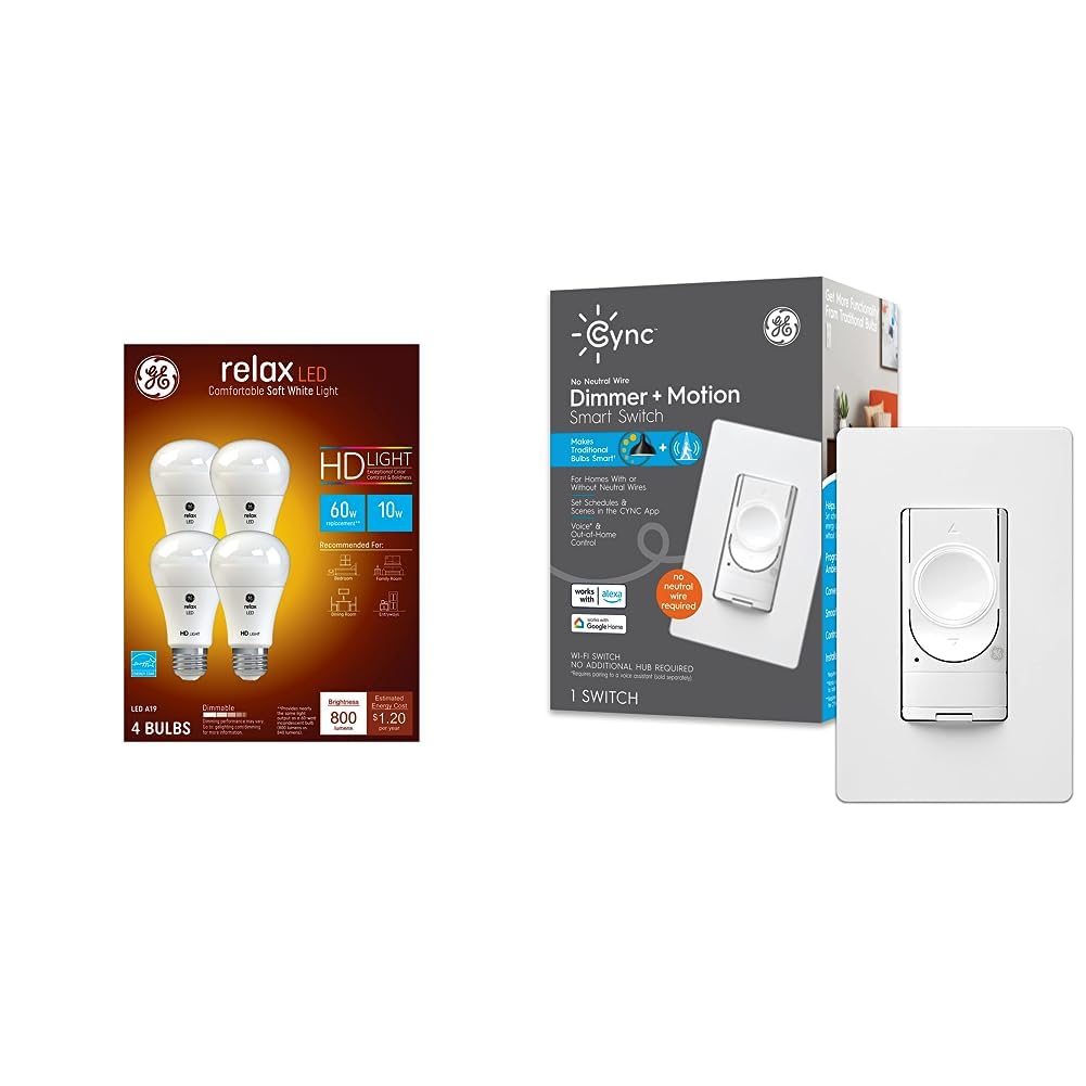 GE CYNC Smart Light Switch + Relax LED Light Bulb Bundle (1) Dimmer Motion Sensor Switch + (4) 60 Watt Eqv A19 Bulbs