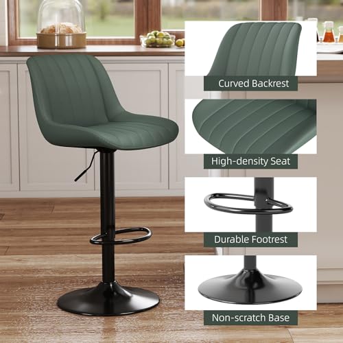 Image of Youhauchair Adjustable Faux Leather Bar Stools Set of 2, Green | Swivel, Counter Height, Back & Footrest, Armless, PU, Modern, Kitchen Island Stool, Upholstered Dining Room Chair