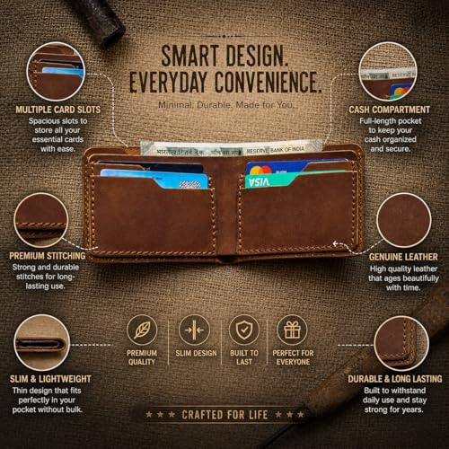 Image of Men's Bi-Fold Wallet - Genuine Rustic Brown Leather, 6 Card Slots & Cash Compartment, Easy Access Design, Hand Crafted- Stylish & Durable Wallet Gift