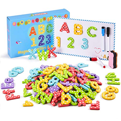 Yetech 140 Piezas Juego de Letras y números magnéticos, Bolsa de Almacenamiento, imanes de Espuma para Nevera, para el Aprendizaje de niños en Edad Preescolar