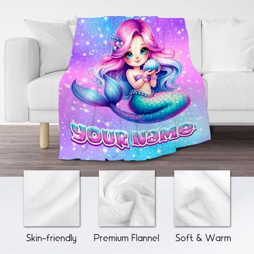 Mermaid Blanket Gifts Customized Blankets for Girls - Soft Cozy Fleece Throws for Couch, Bed 4 Sizes