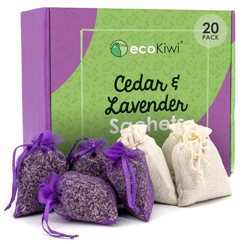 EcoKiwi Cedar & Lavender Sachets – 20 Sachets for Home Fragrence and Fresh Scents, Cedar & Lavender Sachet for Drawers and Closest, Dual-Purpose Sachet to Stop Clothes Damage and Closest Freshness