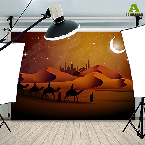 Aoihrraan 3,5x2,5m Desert Night Backdrop Cartoon Sand Dunes Starry Sky Moon Temple Silhouette Arabian Camel Team Scene Photography Background Religion Culture Party Photo Studio Prop Vinyl Wallpaper - Image 4