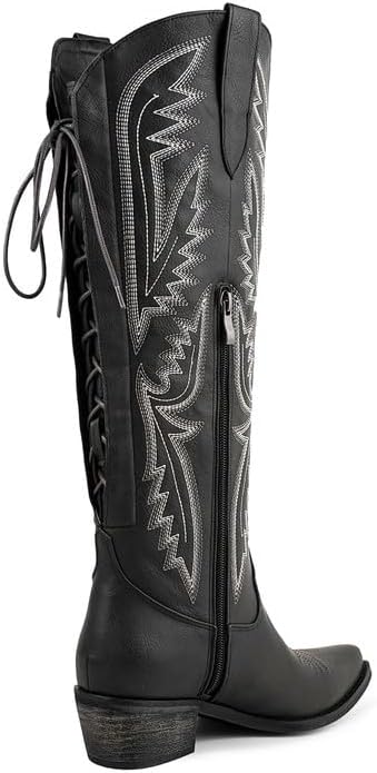 Atuelang Western Cowboy Boots for Women Knee High Wide Calf Lace Up Embroidered Cowgirl Boots - Image 6