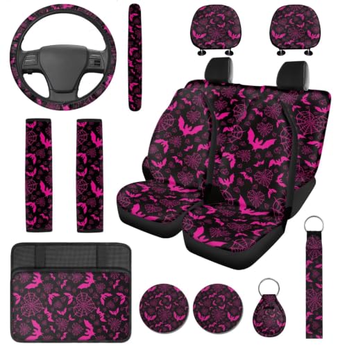 GLENLCWE 14 Pcs Pink Halloween Bat Car Seat Covers Full Sets with Car Steering Wheel Seatbelt Cushion Cars Accessories Universal Fit Cars Truck SUV by GLENLCWE - Used condition - US$56.99