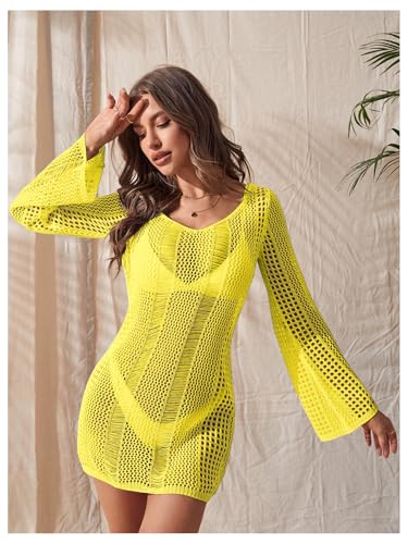 Image of Floerns Women's Crochet Cover Up Long Sleeve Hollow Out Bikini Swimsuit Beach Cover Up Swimwear