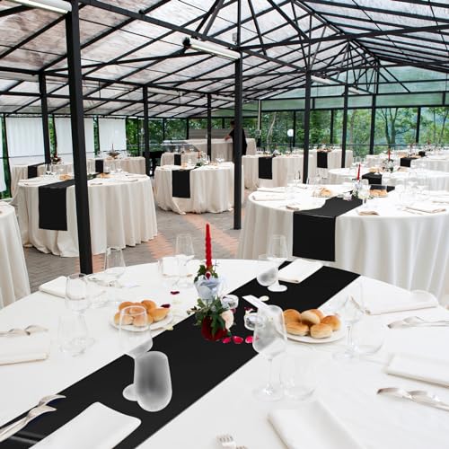 Image of 12Pack 12x108 Inch Satin Table Runner and 84 Inch Round Plastic Tablecloths White and Black Disposable Round Table Cover for Graduation Wedding Bridal Shower Anniversary Birthday Party Decorations