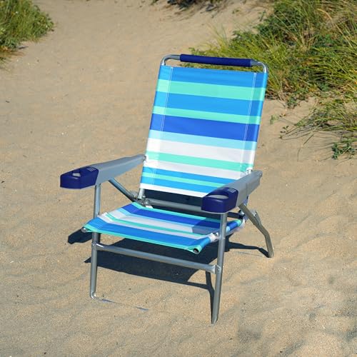 Image of Rio Brands 4-Position Extended-Height Beach Chair, Blue /Green /White, 2-Pack | 15 in Seat Height, Cushioned Headrest, Cup Holder, Cell Phone Slot, Bottle Opener, Carry Strap, Aluminum Frame, Foldable