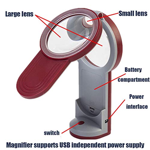 LJ Lupa Hd 10X 20X 20X 17 bombillas LED Lupa plegable de mano, adecuada para leer mapas, periódicos, etc. Ayudas de lectura opcionales multicolores