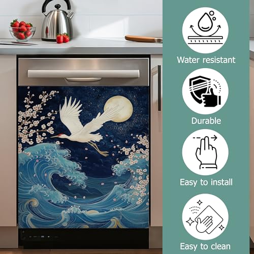 Image of Dishwasher Magnets Decorative Cover,Japanese Crane Refrigerator Magnet Cover,Washable Blue Sea Wave Pink Flowers Dishwasher Front Panel Cover Home Kitchen Decoration 23x26 Inch