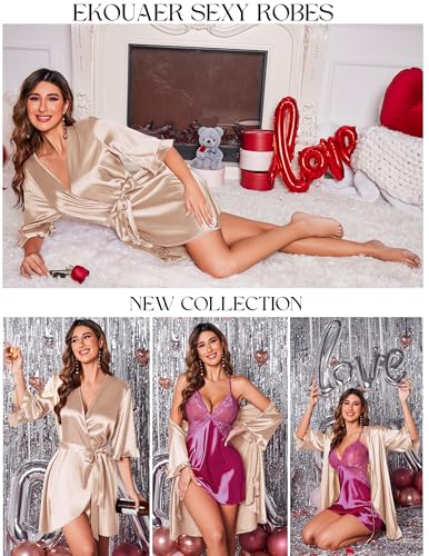 Image of Ekouaer Women's Satin Robe Valentines Lingerie for Women Kimono Bathrobe Short Ruffle Belted Robes Bridesmaids Sleepwear