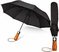 Guarda-Chuva Grande Reforçado Automático | Tecido Duplo Resistente ao Vento | Cabo Madeira Leve Ergonômico – Preto