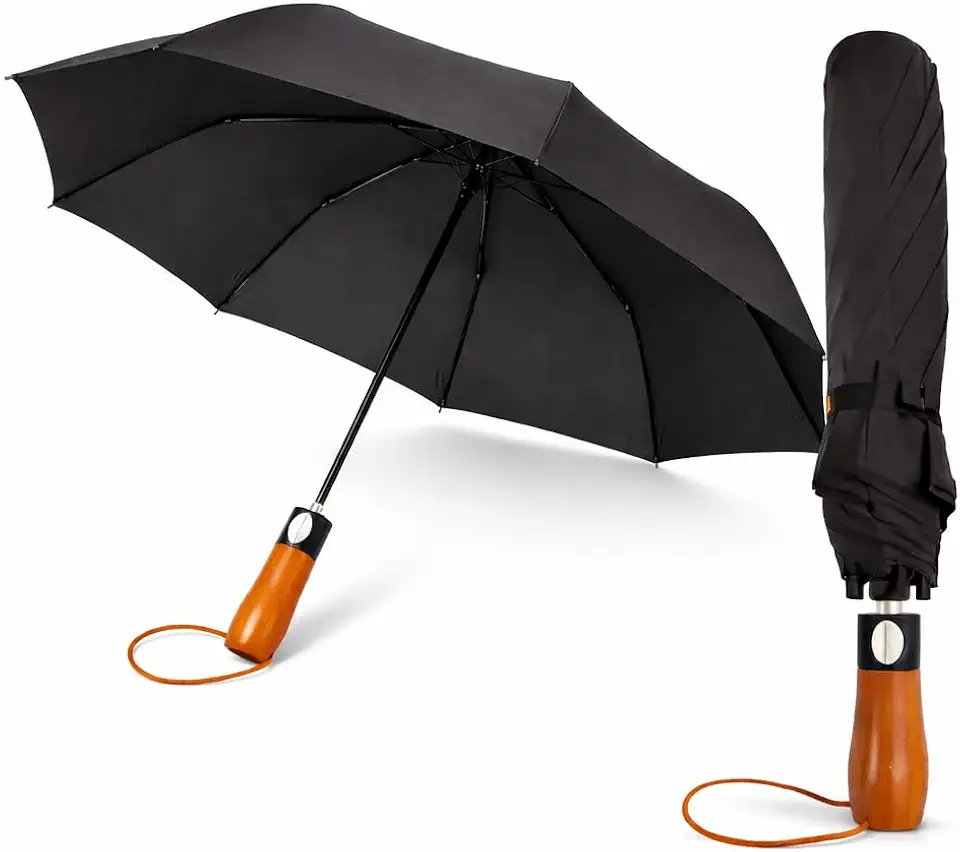 Guarda-Chuva Grande Reforçado Automático | Tecido Duplo Resistente ao Vento | Cabo Madeira Leve Ergonômico – Preto