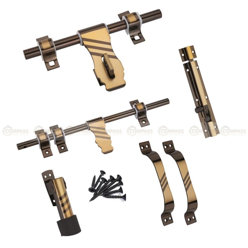 Image of COMPASS Flower Stainless Steel Heavy Single Door Fitting Accessories Full Set /Kit (1 Aldrop, 1 Latch, 2 Handles, 1 Tower Bolt and 1 Door Stopper | 10 inch | Vintage Finish