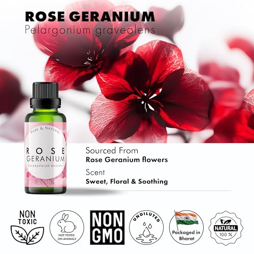Image of Esslux Geranium Essential Oil - 100% Pure & Natural Rose Geranium Oil for Skin & Hair | Calming Aromatherapy Oil for Diffuser, Soap Making, and DIY Projects | Perfect for Stress Relief (10ml)