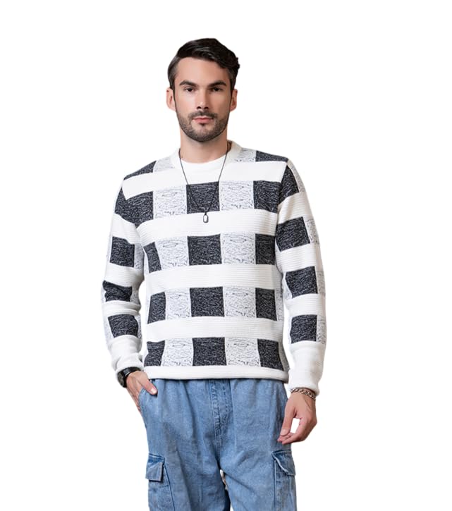 swaaglok - style that speaks Men’s Checkered Knit Crew Neck Sweater | Bold Grid Pattern Pullover for Smart Casual & Streetwear | Premium Textured Jumper with Ribbed Cuffs-picture-48