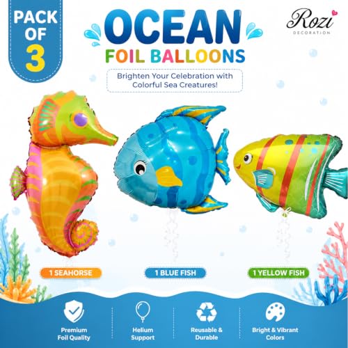 Image of 3 Pcs Ocean Theme Foil Balloon Set for Birthday Party Decoration | Seahorse, Tropical Fish & Blue Fish Shape Helium Balloons | Under the Sea Mermaid Theme Kids Birthday