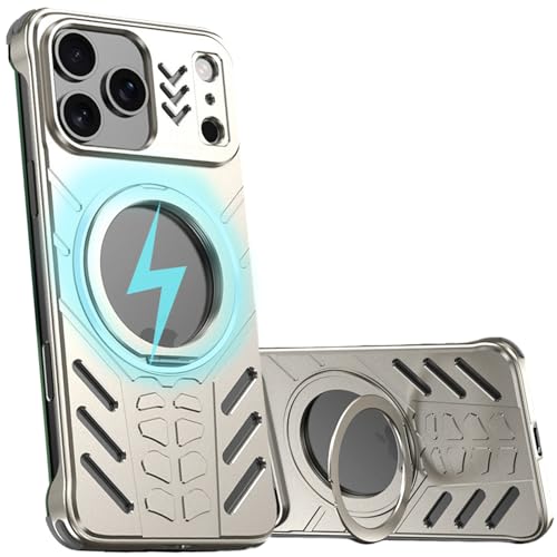 iPhone 17 Pro Max 用 ケース メタル放熱フレームと360度リングスタンド搭載 薄型軽量でも耐衝撃 MagSafe対応, 天然チタン