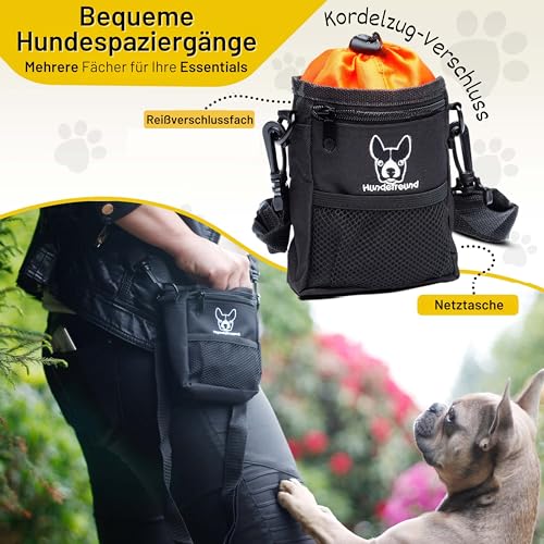 Hundefreund Leckerlibeutel für Hunde – Kleiner Futterbeutel fürs Hundetraining mit 4 Tragevarianten & 4 Fächern – Leckerlitasche mit Kotbeutelspender, wasserabweisend (14 x 11 x 4 cm)