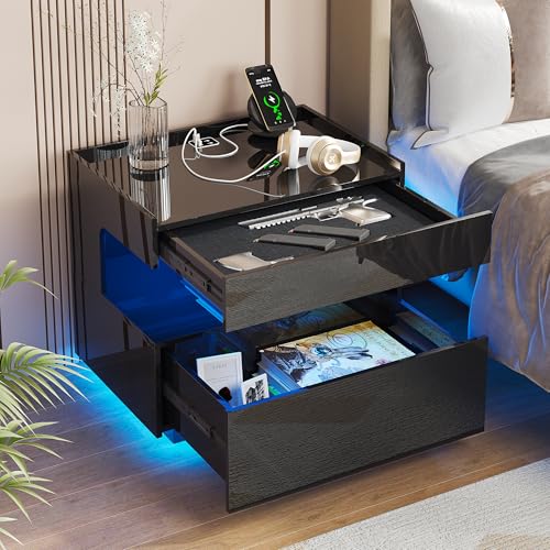 Image of HNEBC Black LED Nightstand with Gun Drawers&USB-C Port&Lights for Bedroom | Bedside table,Motion‑Sensor 3‑Color Lighting, Hidden Storage Compartment, USB, Type‑C Charging Station,hight-gloss
