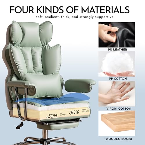 Image of Efomao Big and Tall Office Desk Chair, Green | 23.5 inch Wide Dual-Layer Foam Cushion, 135 Reclining PU Leather Desk Seat with Footrest, Independent Movable Lumbar Pillow