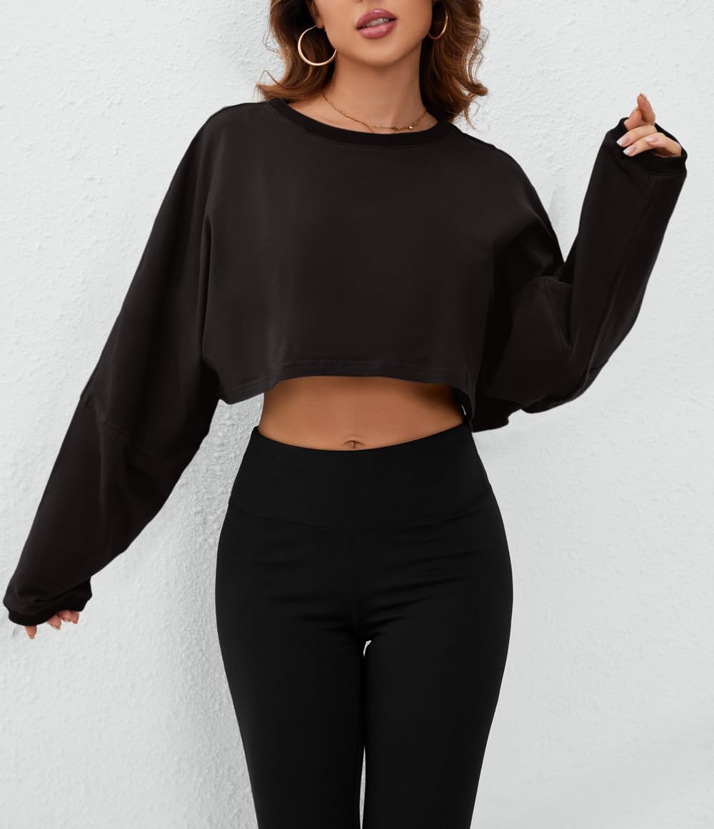 Meladyan Women Long Sleeve Crewneck Crop Top Tee Shirt Sweatshirt Casual Solid Loose Fit Workout Cropped Pullover Tshirt