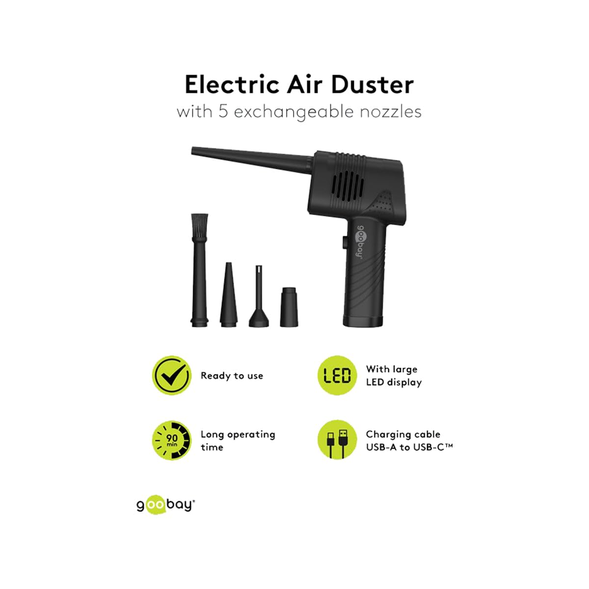 goobay Elektrische Staubgebläse, 3 Stufen, 2.000 mAh Akku, 35.000 U/min, Wiederaufladbares Druckluftspray, bis 90 min Betriebsdauer, Reinigung für PC, Sofa, Tastatur, Auto, Sofa, LED Display - 61667