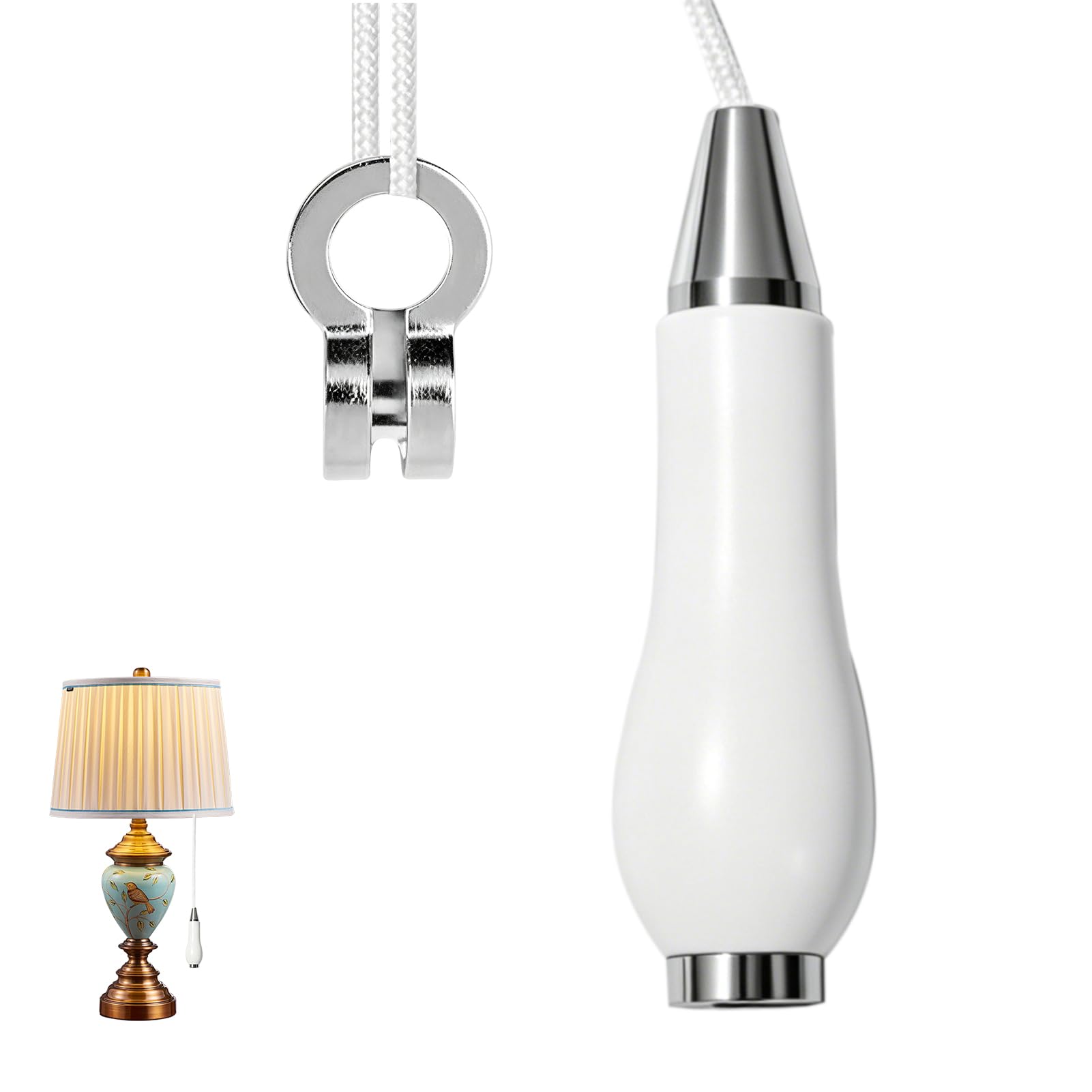 Bathroom Metal Light Pull Cord Handle Replacement, Chrome Teardrop Hanging Pull Switch with 1.5 m White Nylon Cord, Weighted Ceiling Light Pull for Bathroom, Easy Fit, Rust Resistant, Modern Design