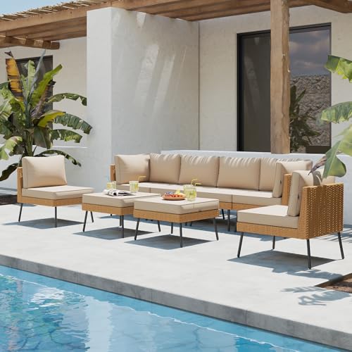 Aoxun 8 Piece Patio Furniture Set, Wicker Outdoor Furniture Set, Patio Sectional Set with Thickened Cushions, Waterproof Cover and 25.6' Coffee Table, Khaki